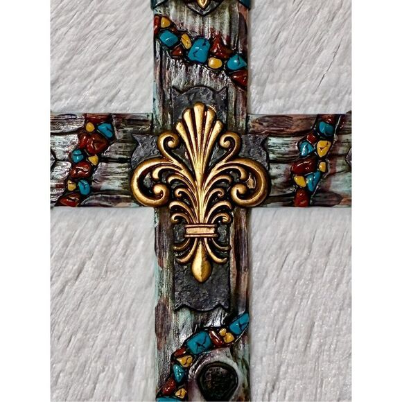 NWOT Montana West 12" Fleur-De-Lis Wood Neutral Stone Wall Cross - Picture 2 of 7